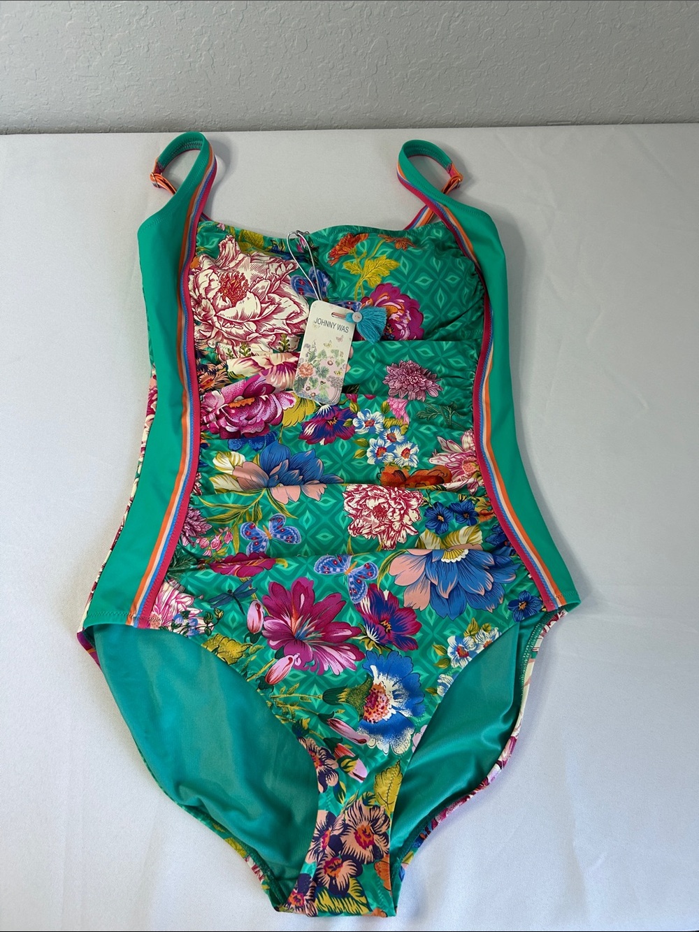 Johnny Was NWT Teal Floral One-Piece Swimsuit with Multicolor Flowers 1X